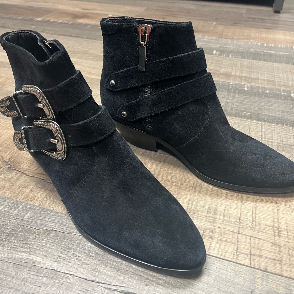 Saint Laurent Black Suede Buckle Boots